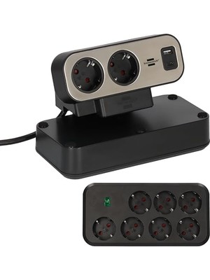Estilo Duplex Serisi 9 Soketli Typ-C ve USB Li 19.500 Amper Akım Korumalı 2 Metre Kablolu Masa Üstü Priz