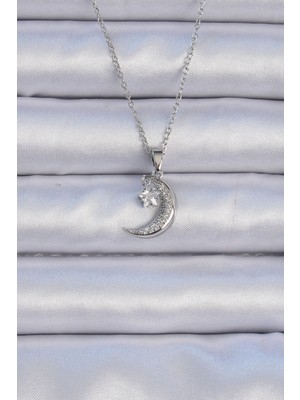 Calais 316L Çelik Zincir Gümüş Renk Zirkon Taşlı Sallantılı Ay Yıldız Kolye