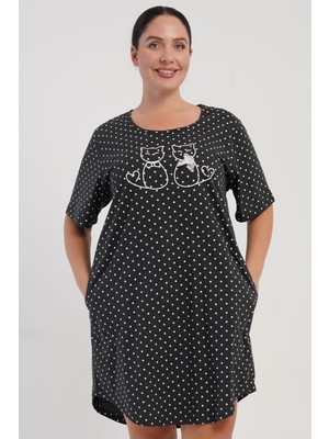 Vienetta Kadın Büyük Beden Kısa Kol Cepli Puantiyeli Antrasit Gecelik Tunik C8T0N0115