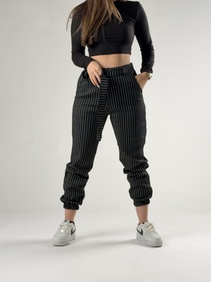 Cocopelli Dik Çizgili Kemerli Siyah Kadın Jogger Pantolon COC2757