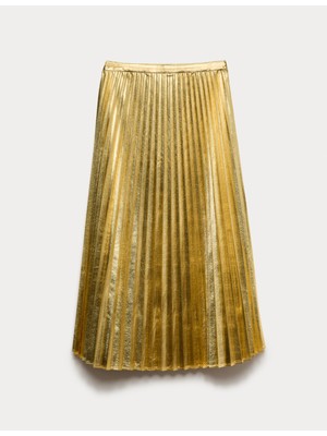 Marks & Spencer Metalik Altın Renkli Pileli Midi Etek
