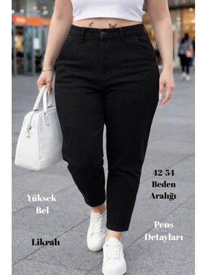 Cedy Denim Mom Fit Jean Büyük Beden Kadın Yüksek Bel Dar Paça Pileli Esnek Kot Pantolon C600 Likralı