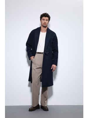 Antioch Lacivert Kuşaklı Oversize Erkek Kaban