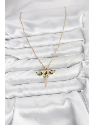 Bsre Gold Renk Yusufçuk Figürlü Zirkon Taşlı Kadın Kolye (316L Çelik)