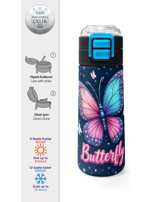 Coral High Kids Kelebek Desenli Pipetli ve Direkt Içim Çelik Termos 500 ml 38131