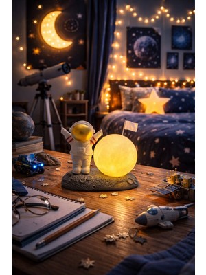 Seymen Bıçakçılık Astronot Ay Lambası 1’li Uzay Temalı Gece Lambası Çocuk Odası Dekoratif LED Masa Lambası