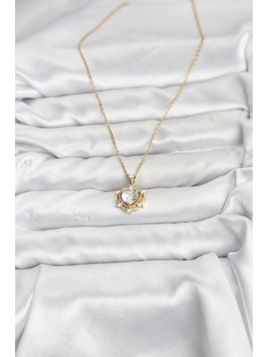 Bsre Gold Renk Kalp Figürlü Zirkon Taşlı Kadın Kolye (316L Çelik)