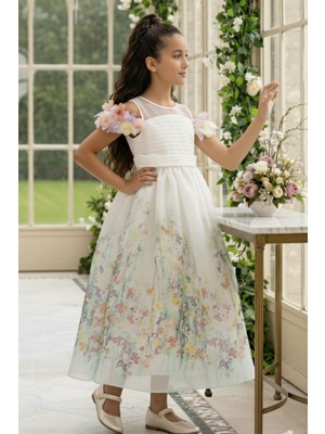 Pamina Kız Çocuk Çiçekli Uzun Elbise 3-7 Yaş Ekru
