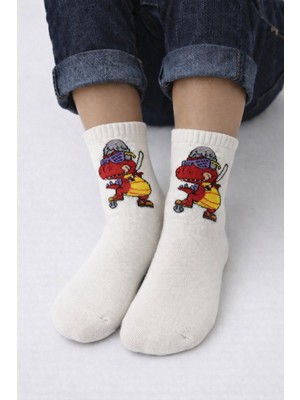 Dinazor Desenli  Ekru Çocuk Soket Çorap