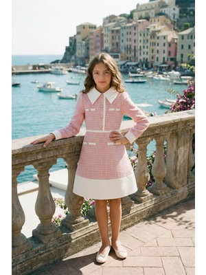 Pamina Kız Çocuk Klasik Tüvit Elbise, Dekoratif Düğmeler ve Saten Yaka, 8-15 Yaş Pembe