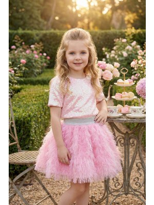 Pamina Kız Çocuk Işıltılı Payetli Etekli Takım 3-7 Yaş Pembe