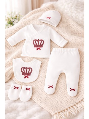 Nexvora Kutulu 5 Parça Yenidoğan Hastane Çıkışı Seti Taç Desenli Taşlı %100 Pamuk