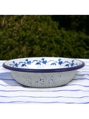Inci Emaye Kase, Çukur Tabak, Çorba Kasesi, Yemek Tabağı 20 cm (Mavi-Gül Motifli)