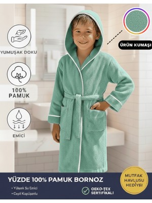 Layvera Çocuk Bornoz | %100 Pamuklu-Mint Yeşil-Yumuşak Doku-Kapüşonlu-Cepli-Biyeli