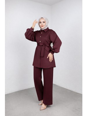 Weak Blue Şık Tesettür Tunik Pantolon Takım – Kuşaklı Düğmeli Uzun Kollu Ikili Takım
