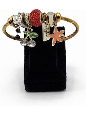 Pangu Kiraz ve Yıldız Figürlü, Kırmızı Altın Renk Çelik Charm Bileklik