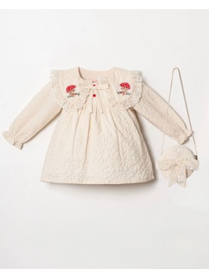 Butik Kız Bebek - Çocuk  %100 Pamuklu Dantel Yaka Detaylı Çanta Aksesuarlı Elbise