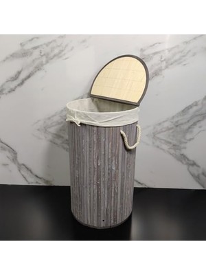 El Yapımı Hasır Katlanır Çamaşır Sepeti Yuvarlak 55 Litre (35CM*35CM*61CM), Doğal Malzemeden Üretilmiş Çamaşırlık (Gri)