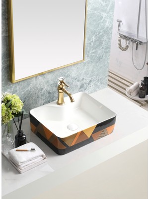 Harmeh Prag 3002 Desenli Tezgah Üstü Kare Lavabo 48X38X14CM – Beyaz Iç Hazne / Siyah Gold Desen