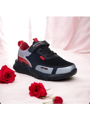 Minicup Kids Ultra Hafif Anatomik Taban Günlük Esnek Erkek Spor Ayakkabı Siyah Kırmızı