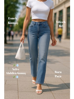 Cedy Denim Kadın Boru Paça Yüksek Bel Regular Fit Likralı Pantolon Desenli Mavi