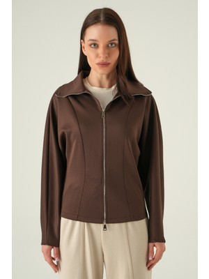 Rays Gömlek Yaka Fermuarlı Hırka Kahve 8366A