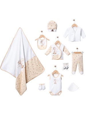 Nexvora 10’lu Organik Yıldızlı Zürafa Baskılı Lüks Yenidoğan Hastane Çıkışı Seti %100 Pamuk Bebek Seti
