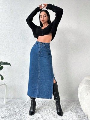 Dema Kadın Yandan Yırtmaçlı %100 Pamuk Denim Etek