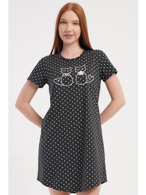 Vienetta Kadın Kısa Kol Puantiyeli Kedi Desenli Antrasit Gecelik Tunik C9T0N0115