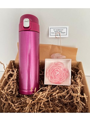 KuNu Box Pembe Termos, Mum ve El Yapımı Pembe Kuvars Taş Notluk Hediye Seti