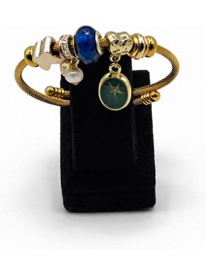 Pangu Mavi Taşlı Yıldız Figürlü Altın Renk Çelik Charm Bileklik