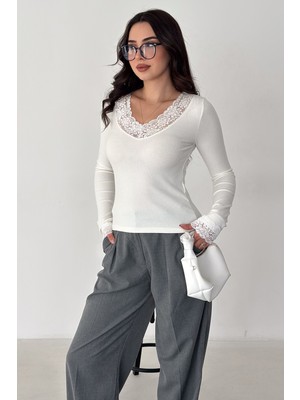Noa Noa Kadın Dantel Detaylı Nervürlü Bluz – Ivory Grace