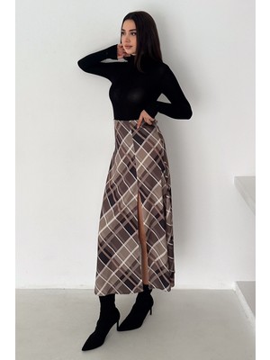 Noa Noa Kadın Yırtmaç Detaylı Ekose Uzun Etek – Slit Plaid