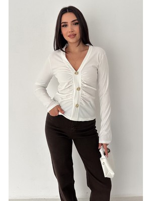 Noa Noa Kadın Altın Düğme Detaylı V Yaka Bluz – Black Grace