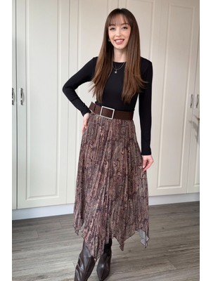 Dilay Gökoğlu Butik Asimetrik Astarlı Şifon Midi Etek