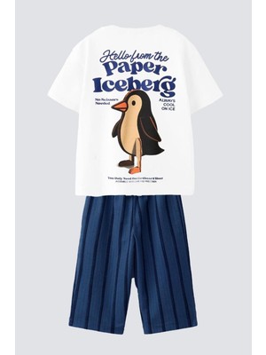 Monila Erkek Çocuk Ekru Penguen Baskılı Pamuklu Jogger Pantolonlu Altüst Takım