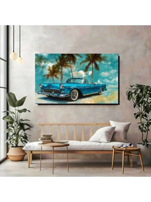 Vintage Mavi Klasik Araba Kanvas Tablo – Tropikal Duvar Dekoru