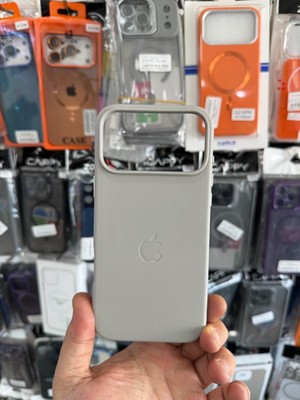 Elixem İphone 17 Pro Max Uyumlu Gri İçi Kadife Logolu Deri Gizli Magsafe Sert Kılıf