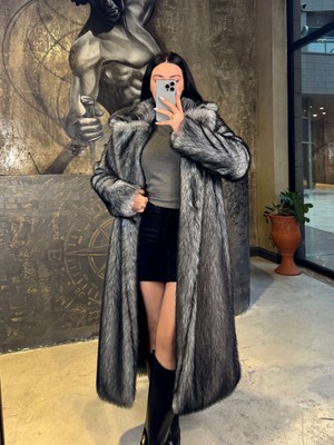 Miss Swans Loyra Kruvaze Yaka Uzun Kürk Kaban Gri Siyah