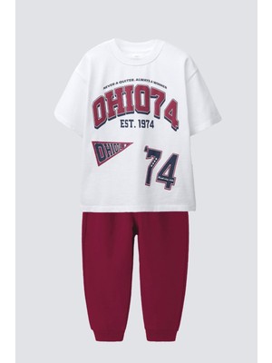 Monila Erkek Çocuk Bordo Baskılı Pamuklu Jogger Pantolonlu Altüst Takım