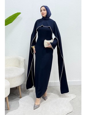 Tesettür Diyarı Mayres Pelerinli Incili Krep Tesettür Abiye- Lacivert