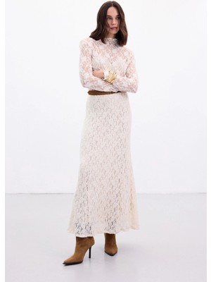 Sateen Dantelli Uzun Etek - Bej