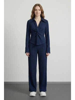 Quzu Pile Detaylı Pantolon Lacivert