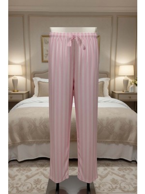 Gri Mor Tekstil Çizgili Ipeksi Pembe Kadın Pijama Altı