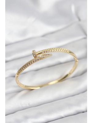 Depozee Pirinç Gold Renk Zirkon Taşlı Çivi Model Kadın Kelepçe Bileklik