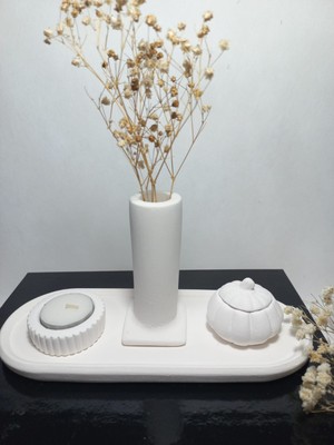Emily Samy Tabaklı Sütun Vazolu, Minimal Mumluk ve Balkabağı 4 Parça Set
