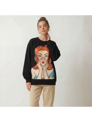 Poupee Siyah Sweatshirt, Kadın Sweatshirt, Oversize Sweatshirt, Kadın Swit