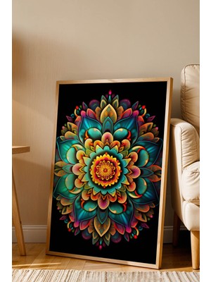 E2 Nova Premium Mücevher Mandala Çerçeveli Tablo - Lüks Modern Renkli Çiçek Duvar Dekoru Antrasit Sanat