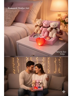 Kesene Sevgililer Gününe Romantik 3 Lü Hediye seti Istiridye Inci Kolye 3 Adet mini Peluş Ayı & ışıklı Kalp