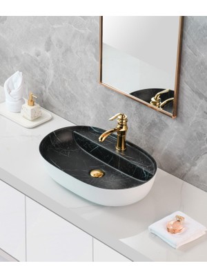 Harmeh Zakopane 4005 Siyah Mermer Desenli Tezgah Üstü Oval Lavabo 60X40X13CM